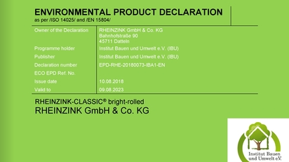 Zertifikat Environmental Product Declaration RHEINZINK