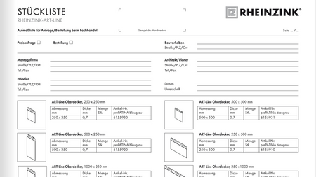 Stückliste RHEINZINK-ART-Line Stückliste RHEINZINK-ART-Line
